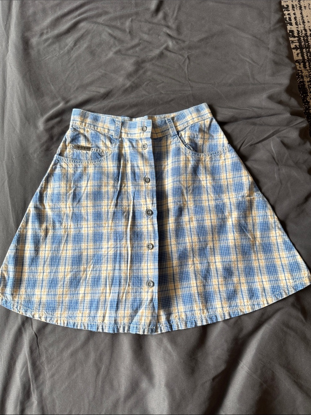 Blue and Cream Plaid Button-Front A-Line Skirt